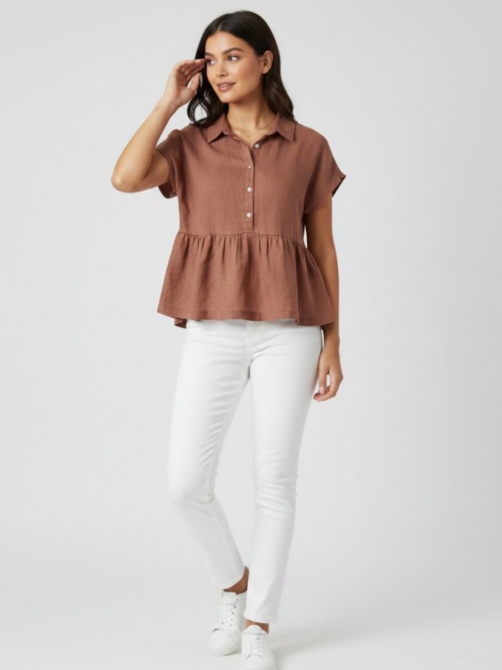 Cynthia Rowley Women Brown 100% Linen Peplum Shirt Top Size M Coastal Minimalist